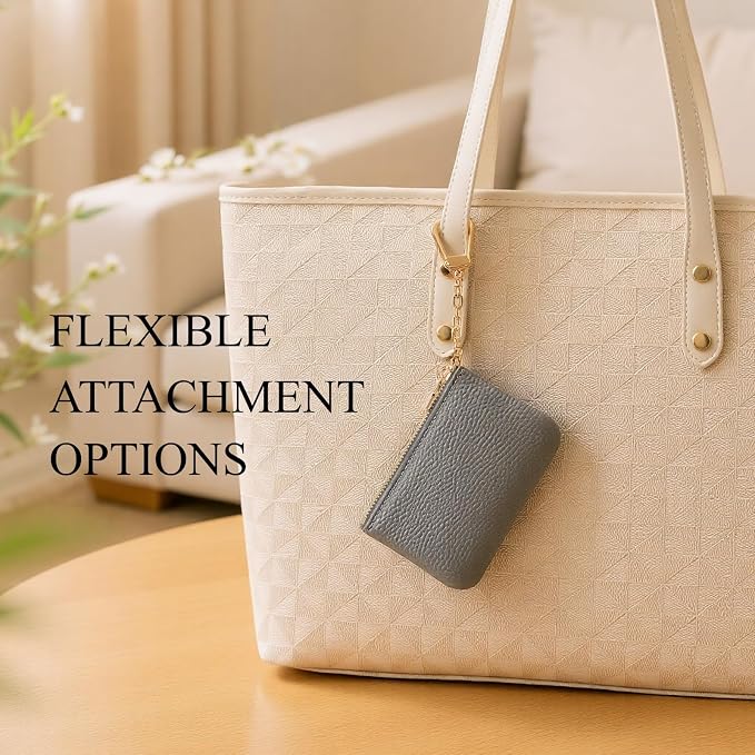Full Grain Leather Coin Purse with Key Chain - Small Change Purse Keychain Card Holder Keychain Pouch Small Keychain Wallet for Women and Men (Gray)