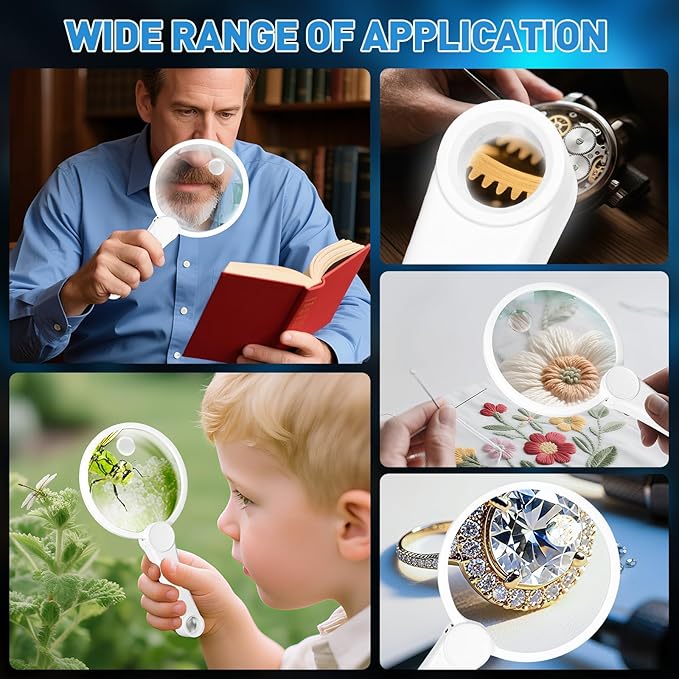 5.2 Inch Large Rechargeable Magnifier with Light, 30X 40X 60X Loupe Handheld Magnifying Glass with 49 Anti-Flicker LED Light, Third Gear Dimming Lighted Magnifier for Low Vision Coin Inspection