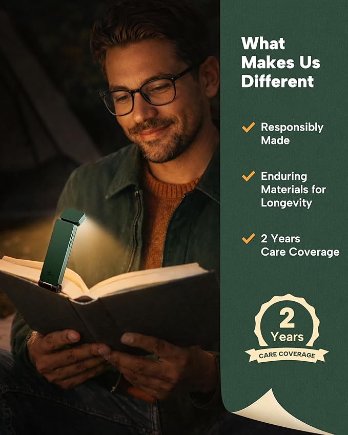 86lux Book Light, Rechargeable Clip-On LED Reading Light for Bed & Night Use - 3 Color Temperatures with Stepless Dimming, Ultralight Bookmark Design for Kids, Book Lovers, Green
