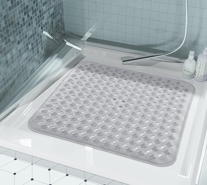 Yimobra Square Shower Mat Non Slip, Super Strong Suction Cups, 21"x21" Bath Tub Mat with Drain Holes, Machine Washable Fast Draining Bath Mats, Bathroom Essentials,Clear Gray