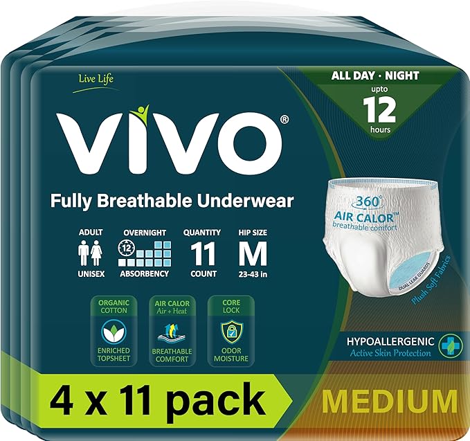 VIVO Organic Cotton Sensitive Skin Overnight Adult Incontinence Pullup Underwear, Women & Men, Medium 44 Count