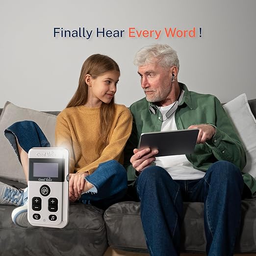OKB Hearing GV-SA0361 Hearing Amplifier for TV & Conversation, Neckband-Style, Bluetooth 5.0, Noise Reduction, 2-in-1 TV & Hearing Modes, External Mic, USB-C Rechargeable, 10h Controller / 8h Earphones, Mirror Chrome