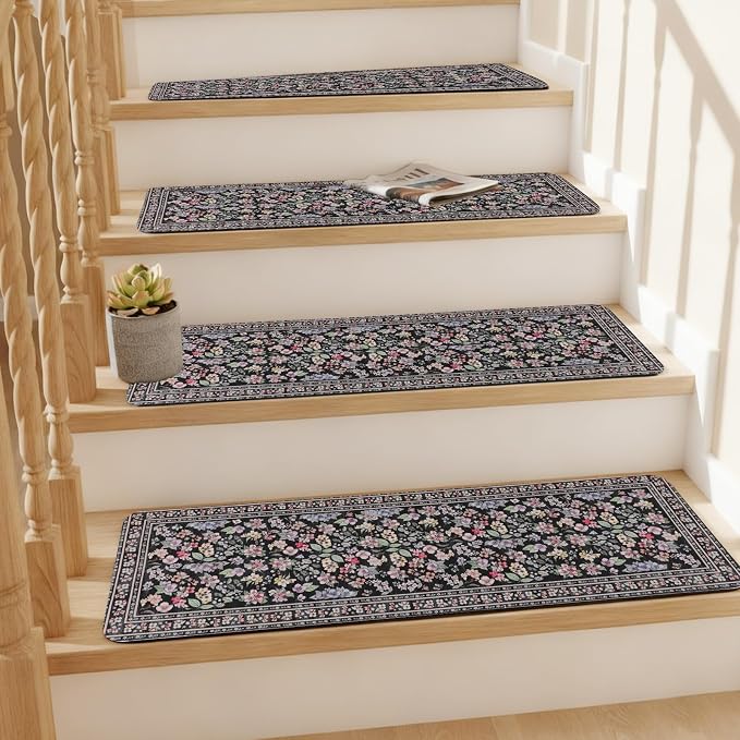 Vintage Floral Stair Treads Non Slip Carpet Stair Treads for Wooden Steps Indoor 15PCS 30"x8" Stair Runner Stair Mats Safety Staircase Step Treads for Elders Kids Dogs Light Black