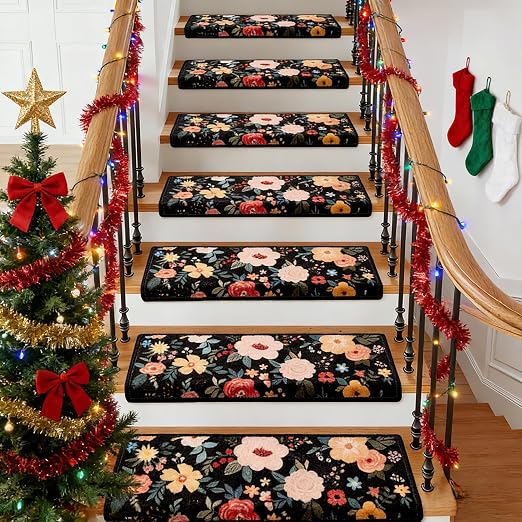 RORA Bullnose Stair Treads for Wooden Steps, Non Slip Stair Carpet 14pcs | Washable, Self-Adhesive, Floral Stair Rug Runner with Edge Protection for Indoor, Pets & Elder, 29.5 x 9.5x 1.7, Black