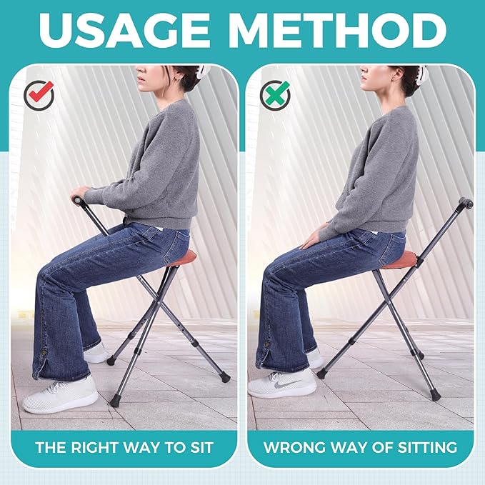 Portable Adjustable Folding Walking Cane with Seat and Cushion,Cane seat for Seniors with Magnetic Massage Handle, Lightweight Walking Cane with LED Light,Supports up to 330 Pounds