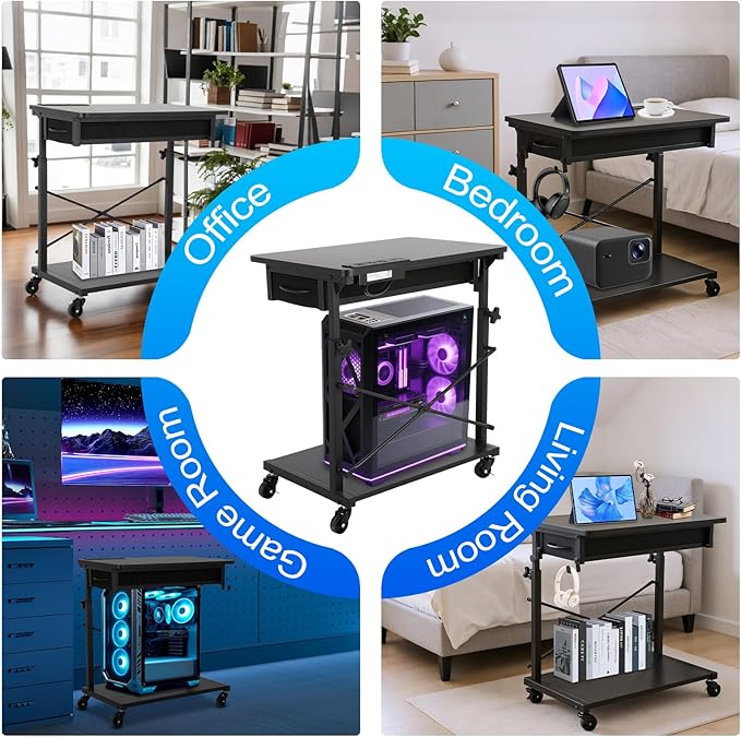 FAHKNS 2-Tier Computer Tower Stand - Computer Tower Floor StandοΌPC Tower Stand with Power Outlet & Lockable WheelsοΌPC Holder for Office/Home/Studio/Game Room