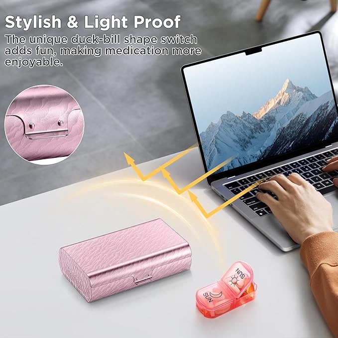 Zannaki Metal XL Weekly Pill Organizer 2 Times a Day, Large Travel Daily Pill Box 7 Day, Portable Week Twice Pill Holder Container, AM PM Pill Case for Medicine Vitamin Medication Supplement, Pink