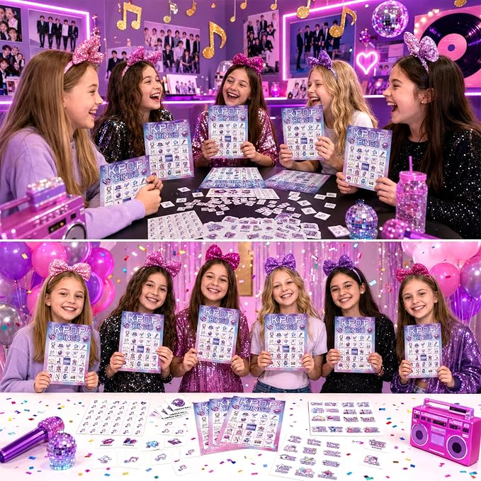 39pcs Kpop Music Party Bingo Game for Adults 24 Players Korean Idol Movie Bingo Cards With Reward Stickers for Family Friend Student Large Group Activities Pink Girl Kpop Music Dance Party Favors