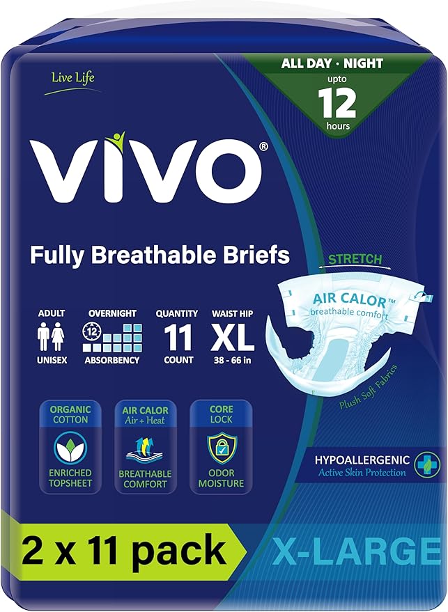 VIVO Organic Cotton Overnight Sensitive Skin Adult Incontinence Diaper Briefs with Tabs, X-Large 22 Count