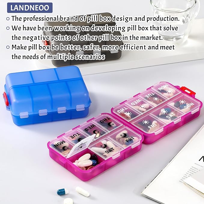 Foldable & Portable Weekly Pill Organizer 2 Times a Day with Clear Printed Labels - 7 Day AM PM Medicine Box, Week Daily Travel Pill Case Holder for Medications, Vitamin, Supplement - Clear Black