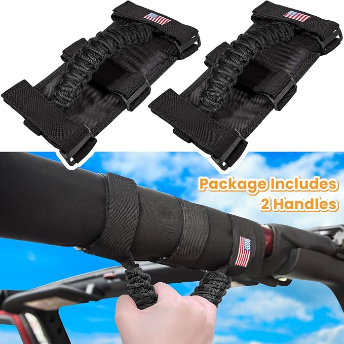 Roll Bar Grab Handles Grip Handle for Jeep Wrangler JK JKU JL JLU TJ YJ Sport Sahara Freedom Rubicon Unlimited Gladiator JT 1955-2023 UTV ATV Accessories Premium Paracord US Flag (Black 2 Pack)