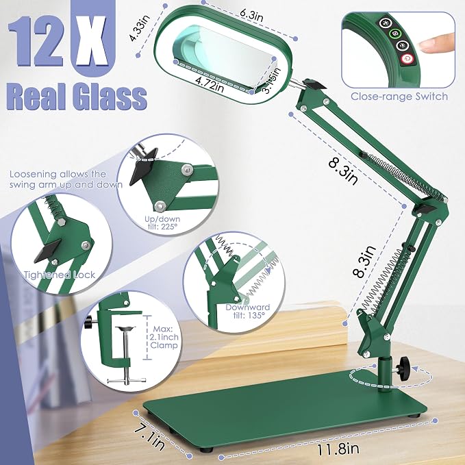 Drdefi 12X Square Magnifying Glass with Light and Stand, Real Glass LED Lighted Magnifier, 5 Color Modes Stepless Dimmable, Hands-Free Mag Desk Lamp with Clamp for Reading Craft Hobby Close Work Green