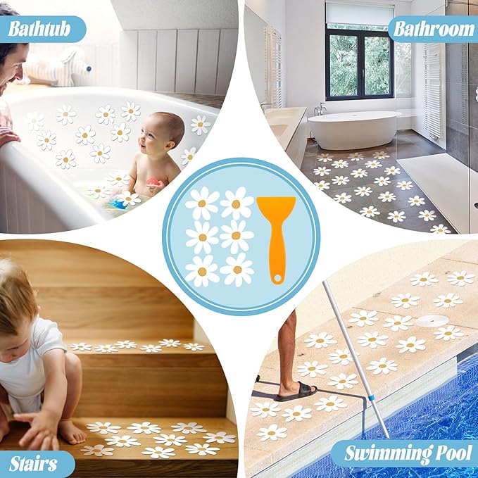24 Pcs Flower Non Slip Bathtub Sticker Daisy Skidproof Shower Sticker Anti Slip Shower Decals Bathe Treads Adhesive Appliques Scraper Bright Flower Adhesive Decal for Bathroom Decor(White)