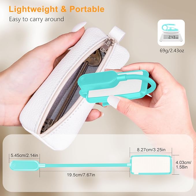 Gritin 16 LED Rechargeable Book Light for Reading in Bed | Eye Caring 3 Color Temperatures, Stepless Dimming Brightness, 80 Hrs Runtime, Lightweight Flexible Clip on Light-Blue