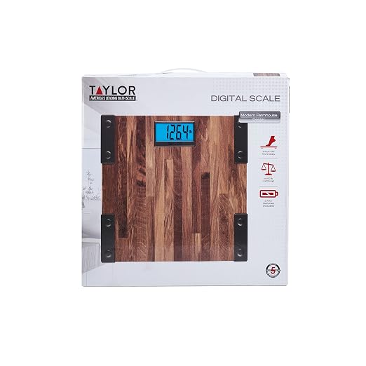 Taylor Digital Scales for Body Weight, Extra High Accurate 440 LB Capacity, Unique Blue LCD, Farmhouse Look, Auto On and OffScale, 12.4 x 12.4 Inches, Brown