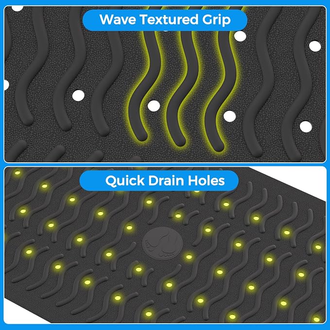 Non Slip Bathtub Mat & Shower Mat, 31x15'' Anti Slip Bath Mat for Tub, Soft TPE Anti-Skid Bathroom Mat with 194 Suction Cups & Drain Holes, Wave-Textured Grip, Machine Washable, Black