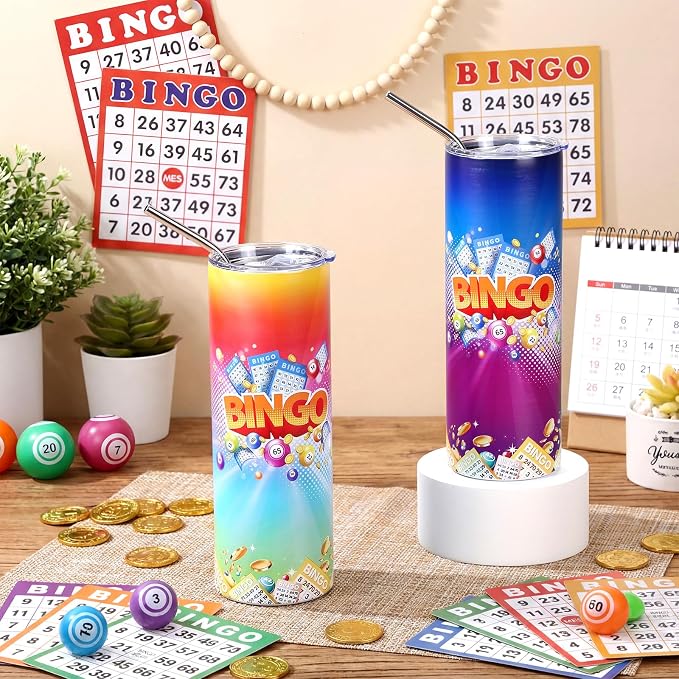Geiserailie 2 Pack Bingo Tumbler Cups 20 oz Game Gifts Stainless Steel Tumbler with Lids Prizes for Seniors Mom Grandma Dad (Bright)