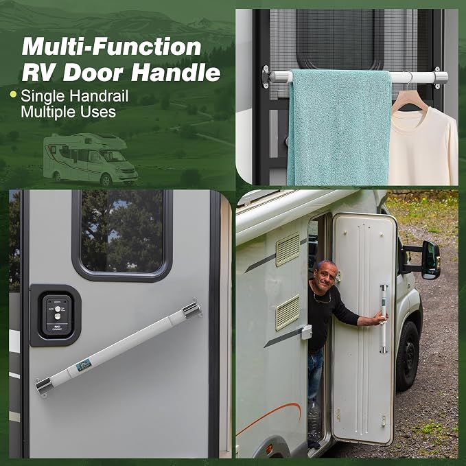 Adjustable RV Screen Door Handle Cross Bar, White, 21.7-33 in | Aluminum Pull Rod for Motorhome, Camper, Fifth Wheel and Travel Trailer Doors; Quick Install, Helps Protect Screen Mesh