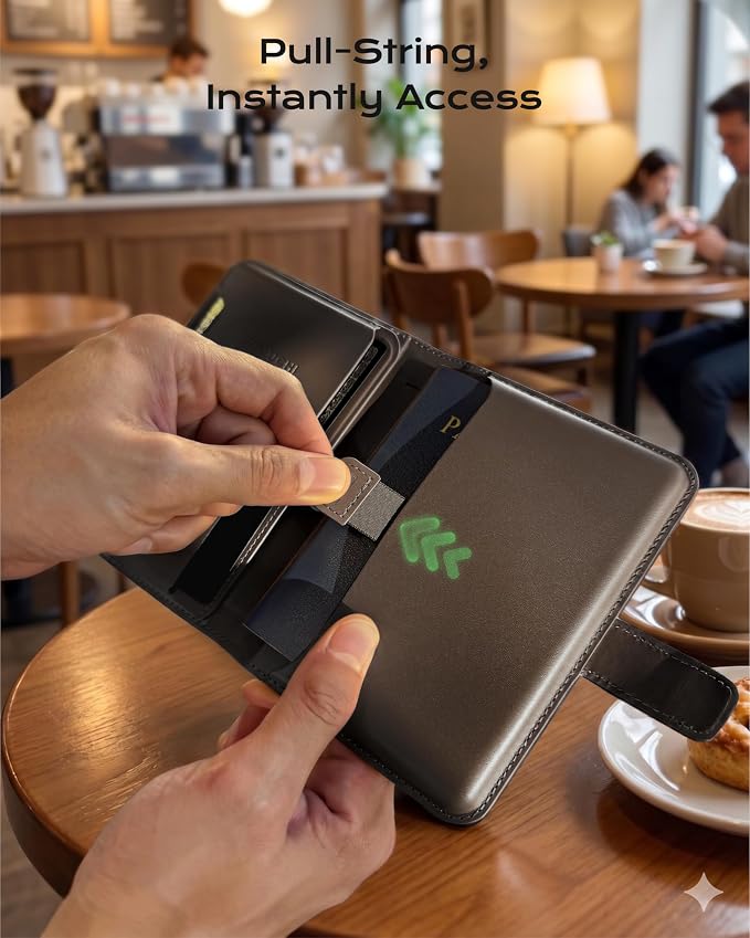Stouchi AirTag Passport Holder with Pull Strap, RFID Blocking Magnetic Case | Patented 1-sec Pull Strap; Detachable Magnetic Card Wallet; Zero-rattle AirTag Slot; Certified RFID Blocking; Ultra-slim