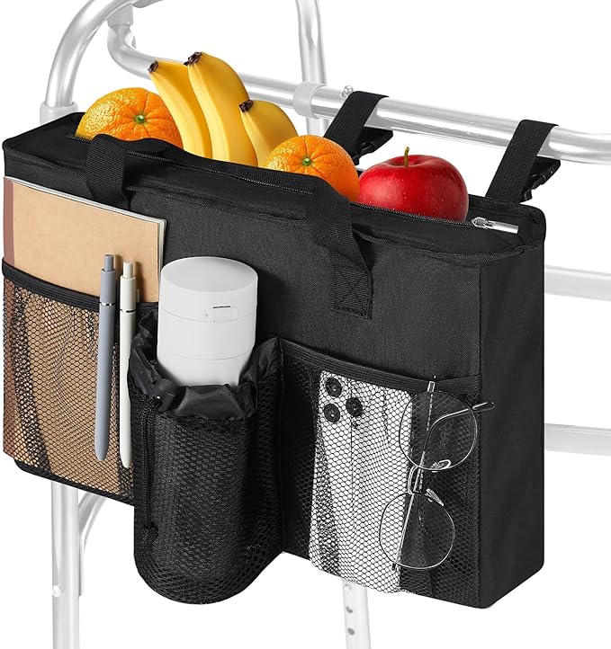 Rhino Valley Walker Bag, Large Capacity Walker Accessories Storage Bag with Multi Pockets & Cup Holder, Walker Basket with 4 pockets for Universal Walkers for Seniors, Black