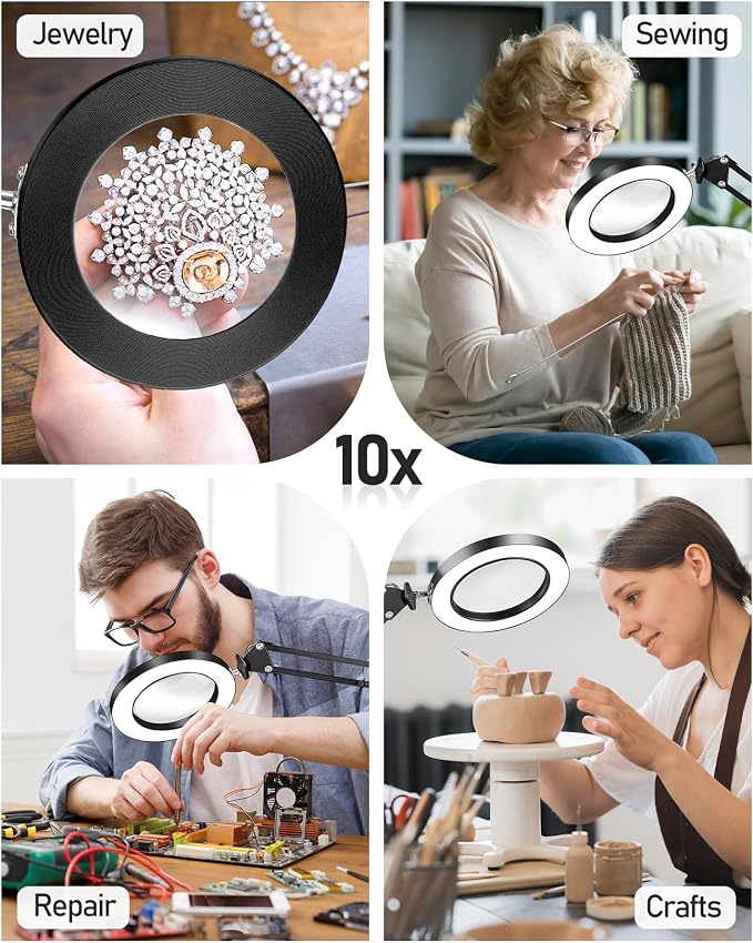 TANYO 10X Magnifying Glass with Light, 3 Color Mode, Hands Free | Real Glass Lens, Dimmable LED Light, C-Clamp, Flexible Desk Magnifier for Jewelry Sewing Crafts Embroidery Repair