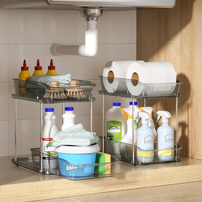 Delamu 2-Tier Under Sink Organizers and Storage, Multi-Purpose Stackable Bathroom Cabinet Organizers, Pull Out Kitchen Pantry Organization and Storage with Dividers(4 Pack, Grey)
