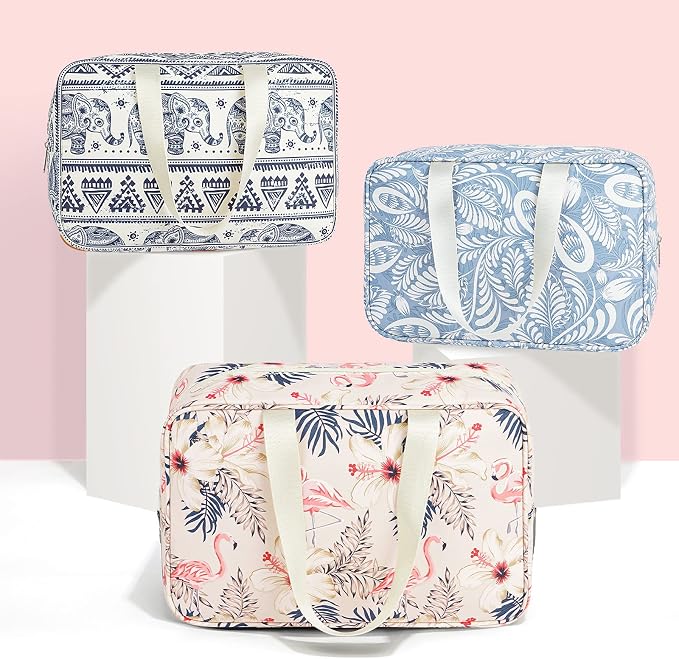 Narwey Full Size Toiletry Bag Women Large Cosmetic Bag Travel Makeup Bag Organizer Medicine Bag for Toiletries Essentials Accessories (Large, Blue Leaf)