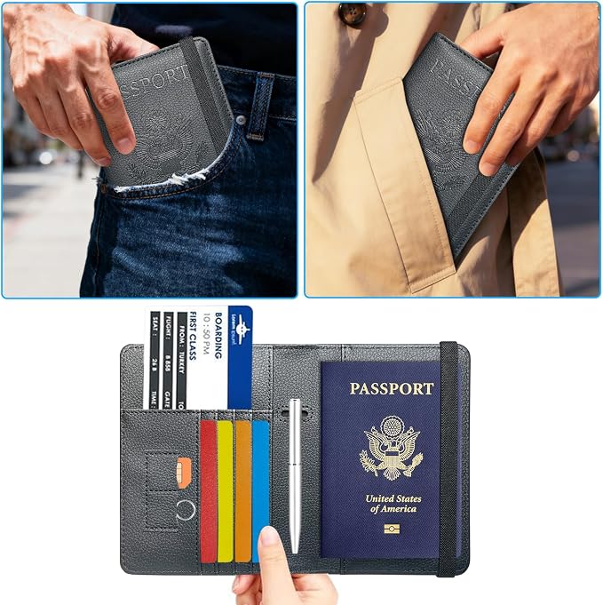 ACdream Passport Holder Cover, Leather Travel Wallet Case, RFID Blocking Document Organizer Protecrtor, with Slots for Credit Cards, Boarding Pass, for Women and Men - Black