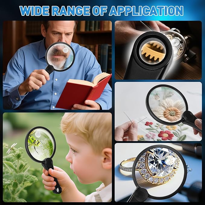 5.2 Inch Large Rechargeable Magnifier with Light, 30X 40X 60X Handheld Magnifying Glass with 49 Anti-Flicker LED Light, Third Gear Dimming Strongest Lighted Magnifier for Seniors Reading Coins