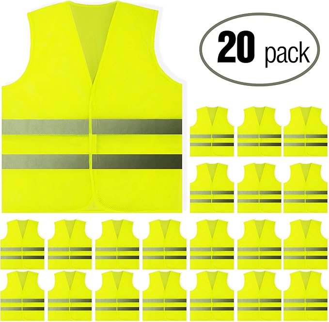 PeerBasics, 20 Pack, Yellow Reflective High Visibility Safety Vest, Hi Vis Silver Strip, Men Women, Work, Cycling, Runner, Construction (Mesh, 20)…