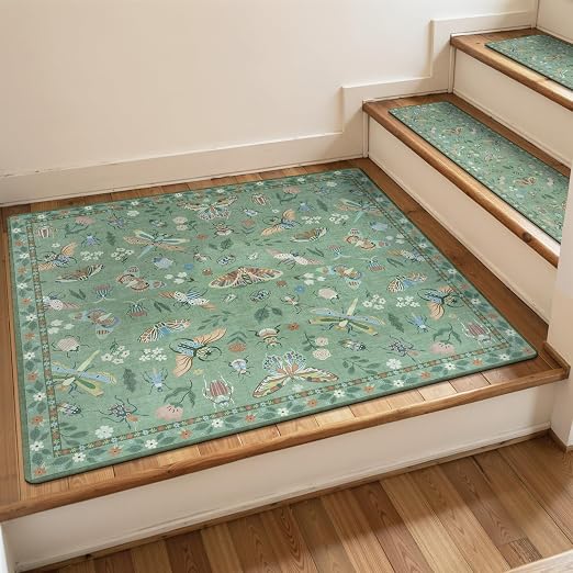 OJIA Stair Treads Non-Slip Stair Runner for Wooden Step 31"x31" Landing Mat | Square Capet Stair Treads Rubber Stair Runner Anti-Slip Stair Matching Mat Stair Rugs Carpet for Stairs Green