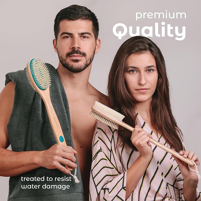 MainBasics Back Scrubber Shower Brush, Teal, Long Handle | Dual Sided Body Brush, Exfoliating Bristles and Soft Bristles, Back Scrubbing, Deep Cleaning