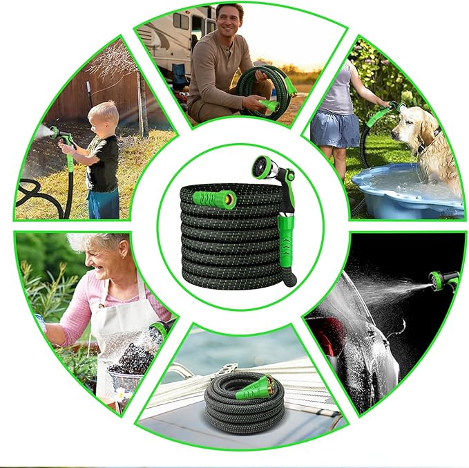 10FT Lightweight Garden Hose,Flexible Water Hose,Kink-Free,Leak-Proof,Swivel Handle Non-Slip,All-Weather 3/4 in. Lead-in Hose for RV,Boat,Car Wash,Garden,Yard,Camper,Outdoor (Green-Black, 10 Feet)