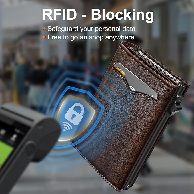 Wallet for Men,with Cash Pocket 2 ID Window 9-13 Cards,Metal Case Smart Slim Pop Up Credit Card Holder Flip with Magnetic Closure RFID Blocking Trifold wallet with Gift Box