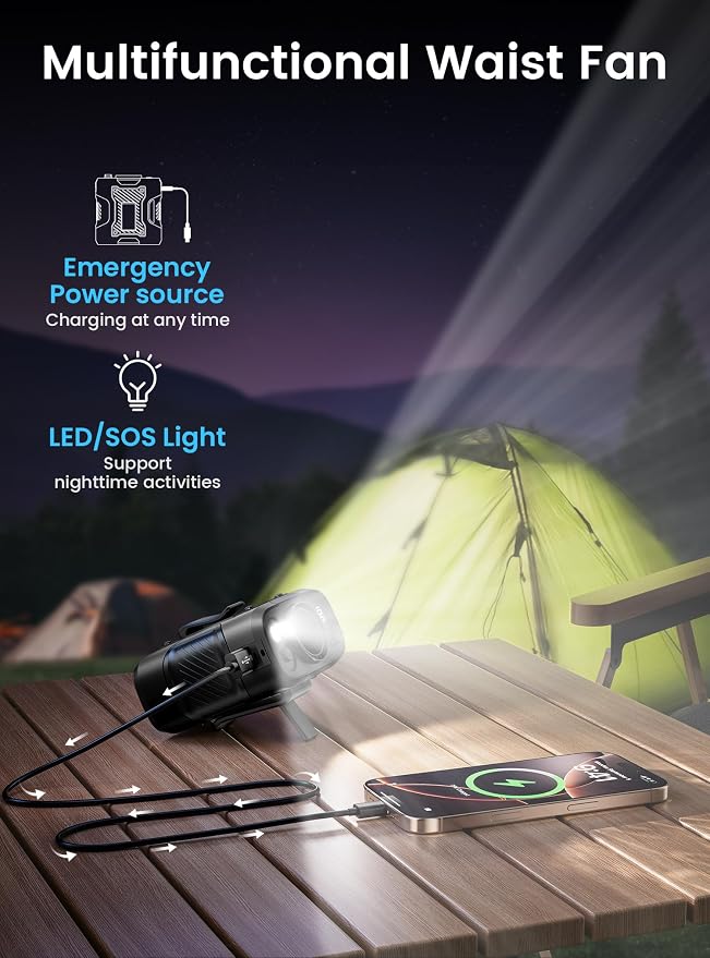 Koonie Waist Clip-on Shirt Fan, 100 Levels of Speeds, 24H Use Time, Black | Cool Clip Fan Under Shirt Fan, Rechargeable Battery, Wearable Belt Personal Device for Outdoor Work, Camping, Travel
