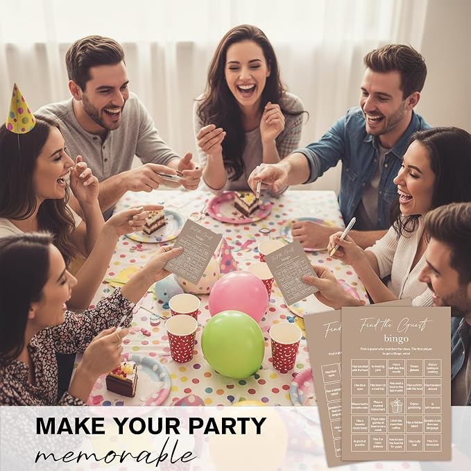 Find The Guest Bingo Cards – 25 Unique Cards, Icebreaker Party Games for Adults, Rustic Brown Mingle Activity for Birthday Parties, Family Reunions, Office Events & Friendsgiving