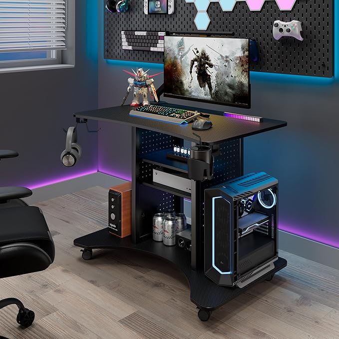 EUREKA ERGONOMIC Gaming Desk Computer, 37" Rolling Desk on Wheels for Small Space, Mobile Computer Cart with Pegboards Adjustable Shelves for Gaming PS Switch Home Office - Black