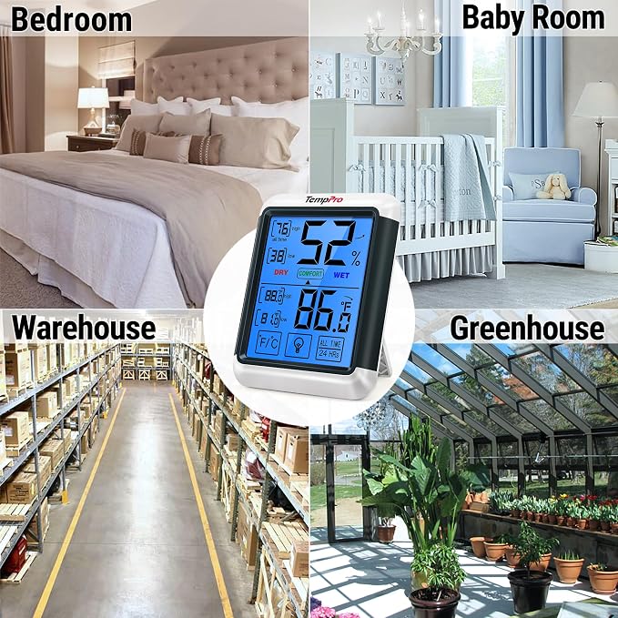 TempPro TempAir Digital Indoor Hygrometer Thermometer with Touchscreen | 4-Inch Temperature/Humidity Monitor with Backlit, Room Thermometer/Humidity Meter for House Home Greenhouse