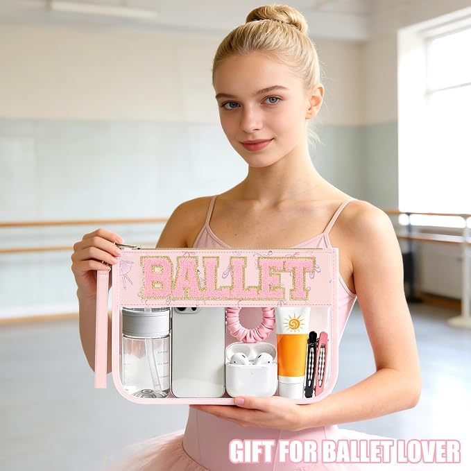 BuyCard Ballet Gifts Cosmetic Makeup Bag with Chenille Letter Patch, Clear Pouch PVC Organizer Purse, Waterproof Travel Bag, Portable Toiletry Storage Bags for Her Girls Friends Women