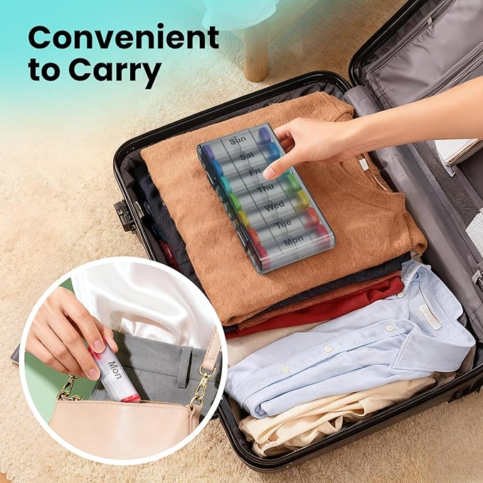 Weekly Pill Organizer 2 Times a Day - 7 Day AM PM Pill Box, Large Travel Pill Case & Supplement Container for Daily Medication, Vitamins, Fish Oils, Portable Pill Holder Storage, Translucent