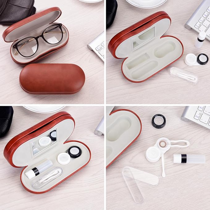 Muf 2 in 1 Contact Lens Case and Glasses Case, Double Sided Design with Mirror, Portable Travel Kit with Tweezer, Remover and Solution Bottle, Brown