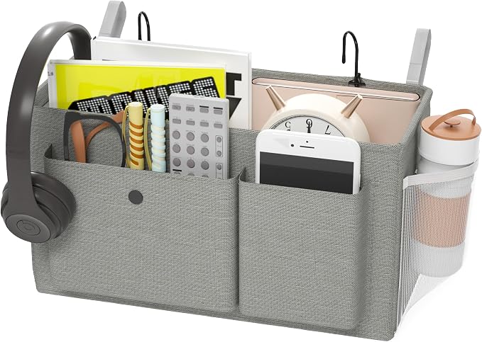 Bedside Caddy Bedside Storage Hanging Organizer for Bunk Dorm Bed Rail | Bed Caddy with Hooks, Top Bunks and Dorm Essentials for Water, Tissues, Tablets, Books, Phones, Remotes and Other Necessories
