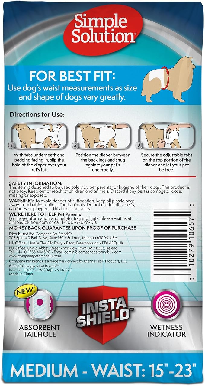 Simple Solution Female Dog Diapers, Disposable Dog Diapers, M, 30 Count | Dog in Heat, Potty Training, Incontinence Support, Leak Proof, Puppy Training, Disposable Protection, Secure Fit, 15-23 Inch