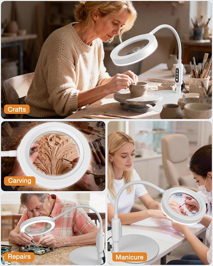 30X 10X Magnifying Glass with Light and Stand, 5 Color Modes Stepless Dimmable, Optical Grade HD Lens, LED Lighted Magnifier Hands Free with 20.5in Flexible Gooseneck for Close Work - White