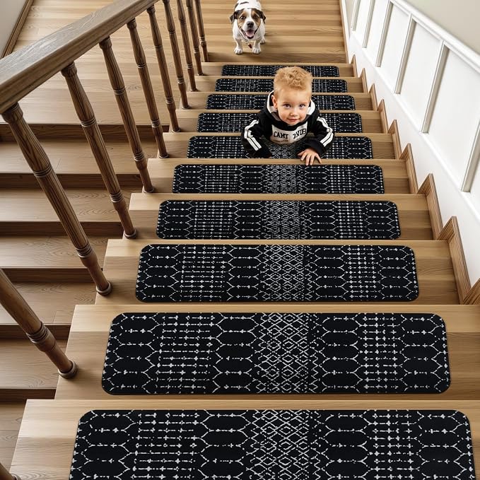 OJIA Stair Treads Non-Slip Stair Runners for Wooden Steps 15PCS 30"x8" | Indoor Carpet Stair Treads Stair Mats Staircase Step Treads for Kids, Elders and Dogs, Stair Covers, Black