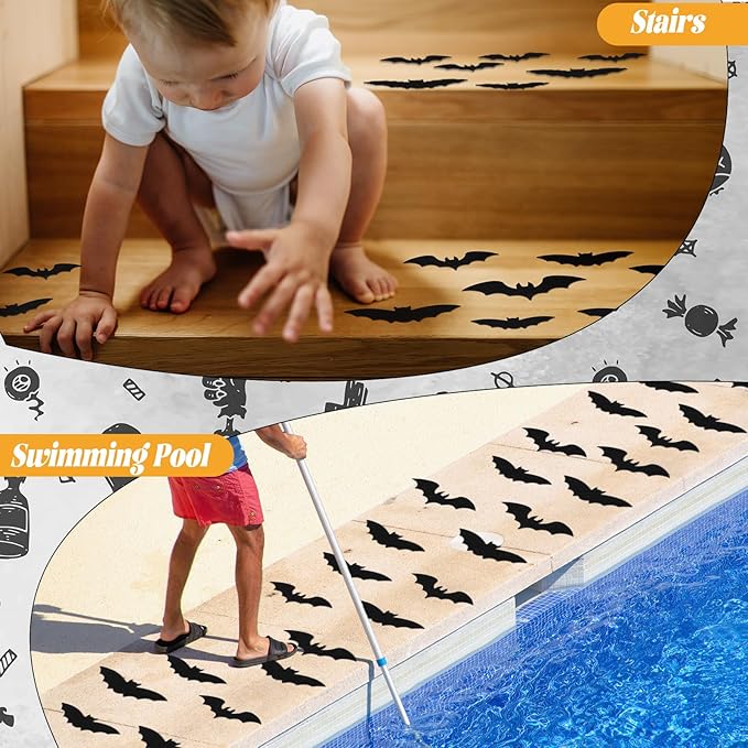 24 Pcs Non Slip Black Bat Bathtub Stickers for Kids Halloween Horror Bath Treads Adhesive Anti Slip Shower Decal Threads with Scraper for Kid Toddler Bath Tub and Shower Floor Bathroom Decor