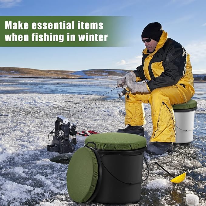 Lewtemi 2 Pcs 5 Gallon Bucket Seat 360 Degree Swivel Lid with 2" Thick Green Padded Cushion Lid with Waterproof Cover, Ideal for Winter Ice Fishing, Waterfowl Hunting, Camping and Outdoor Activities
