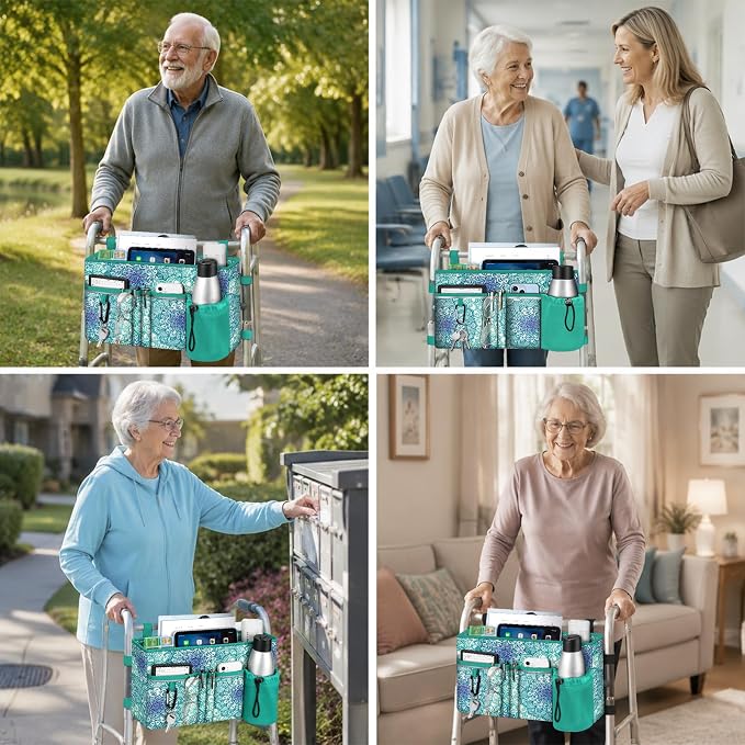 FINPAC Large Walker Tote Bag w/Cup Holder, Folding Walker Attachment Pouch | Water-resistant Polyester, Organized Pockets, Reflective Strip, Mobility Aid Storage Basket for Seniors, Emerald Illusions