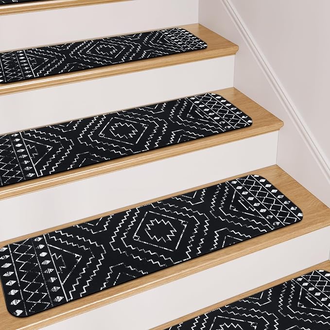 OJIA Boho Stair Treads Non-Slip Stair Runners for Wooden Steps 15PC 30"x8" | Indoor Washable Carpet Stair Treads Stair Mats Staircase Step Treads for Kids, Elders and Dogs, Stair Covers, Black