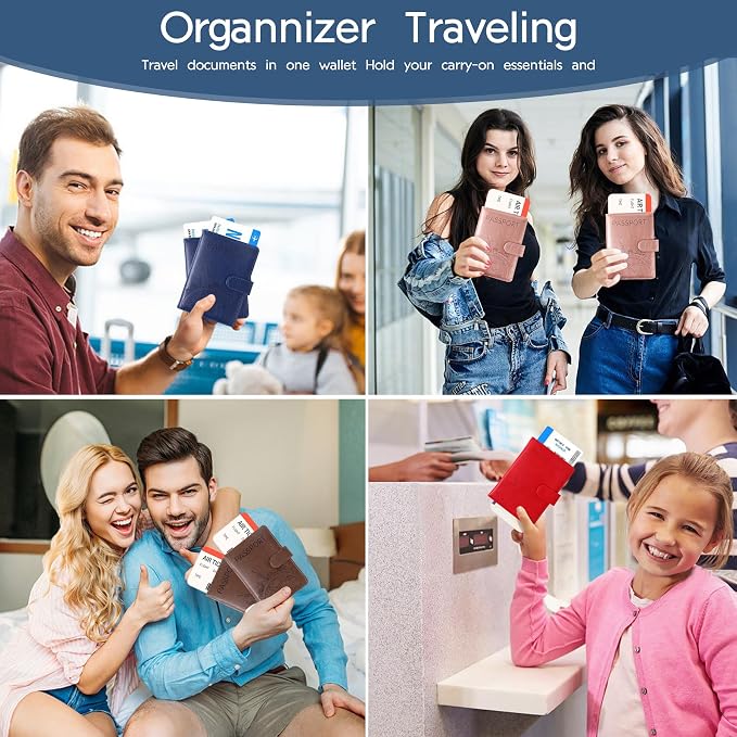 Passport Holder and Card Slot Combo RFID Blocking Leather Family Travel Passport Wallet Travel Accessories for Men Women US Passport Cover Protector (Travel black)